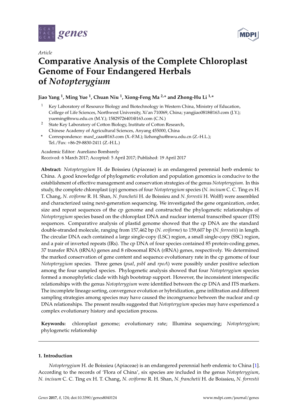 Comparative Analysis of the Complete Chloroplast Genome of Four Endangered Herbals of Notopterygium