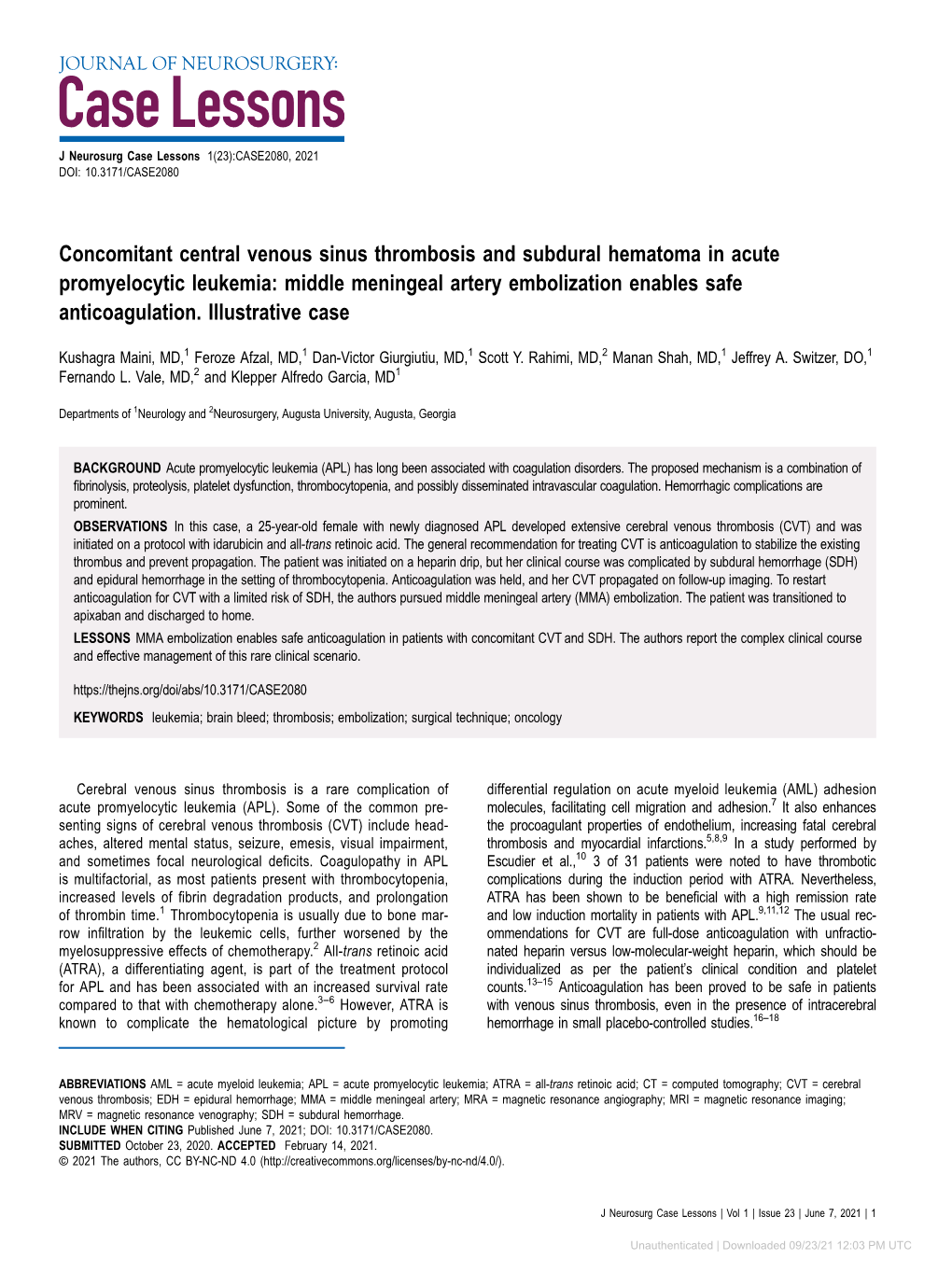 Concomitant Central Venous Sinus Thrombosis and Subdural Hematoma in Acute Promyelocytic Leukemia: Middle Meningeal Artery Embolization Enables Safe Anticoagulation