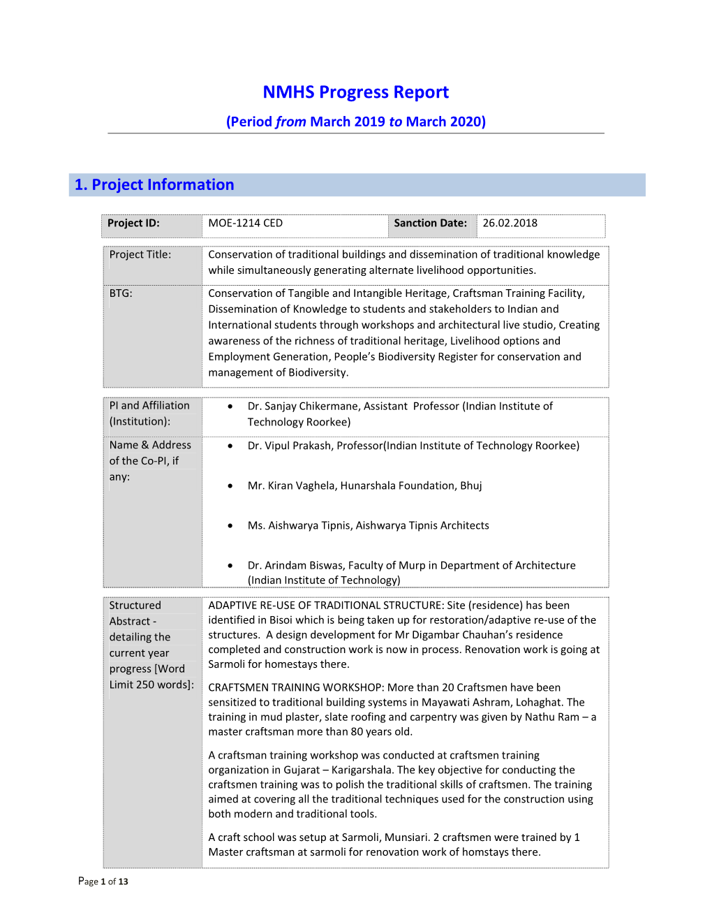 NMHS Progress Report (Period from March 2019 to March 2020)