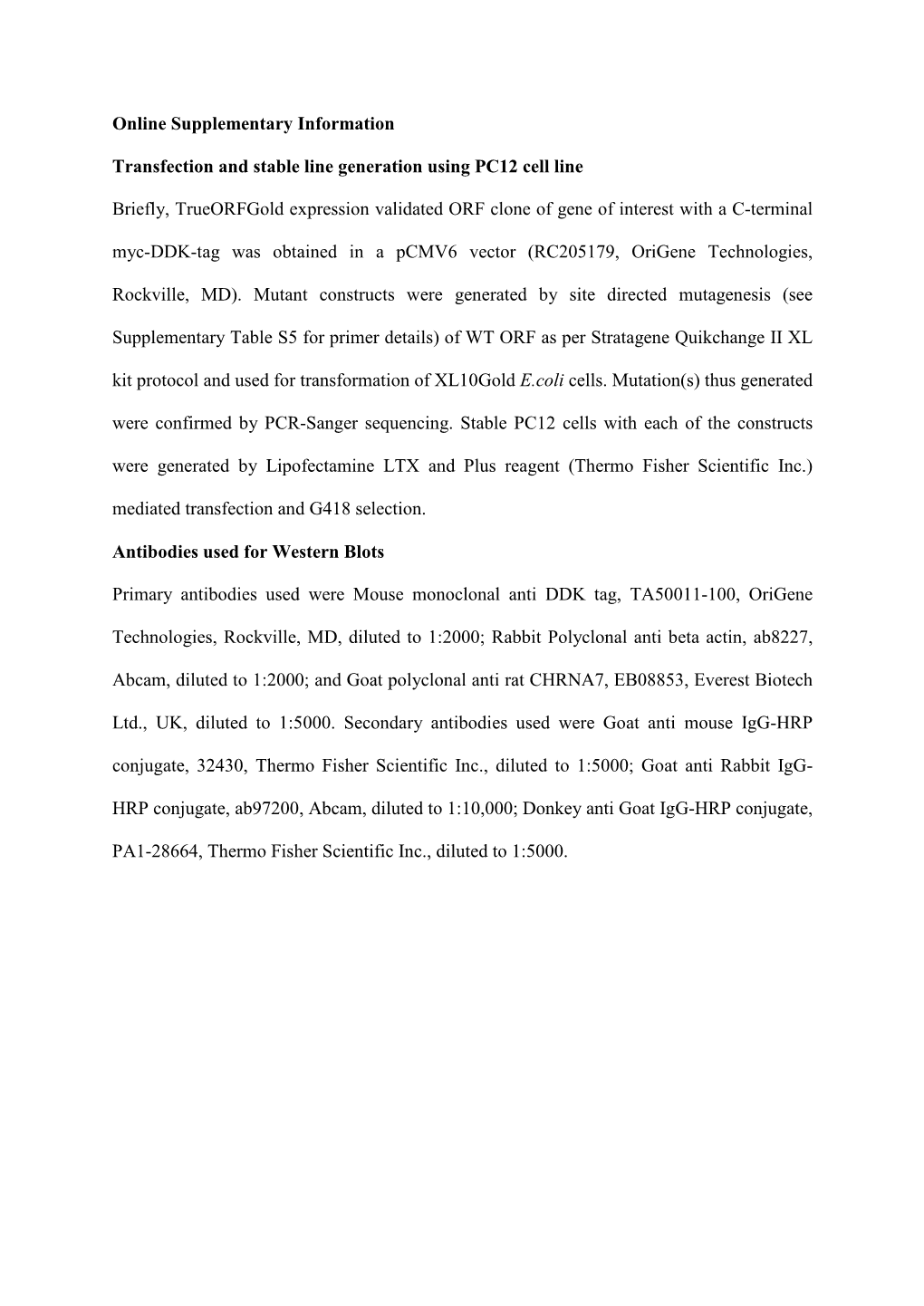 Online Supplementary Information Transfection and Stable Line