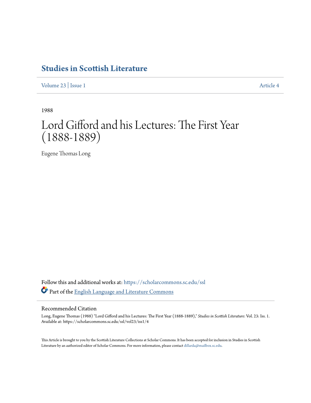 Lord Gifford and His Lectures: the Irsf T Year (1888-1889) Eugene Thomas Long