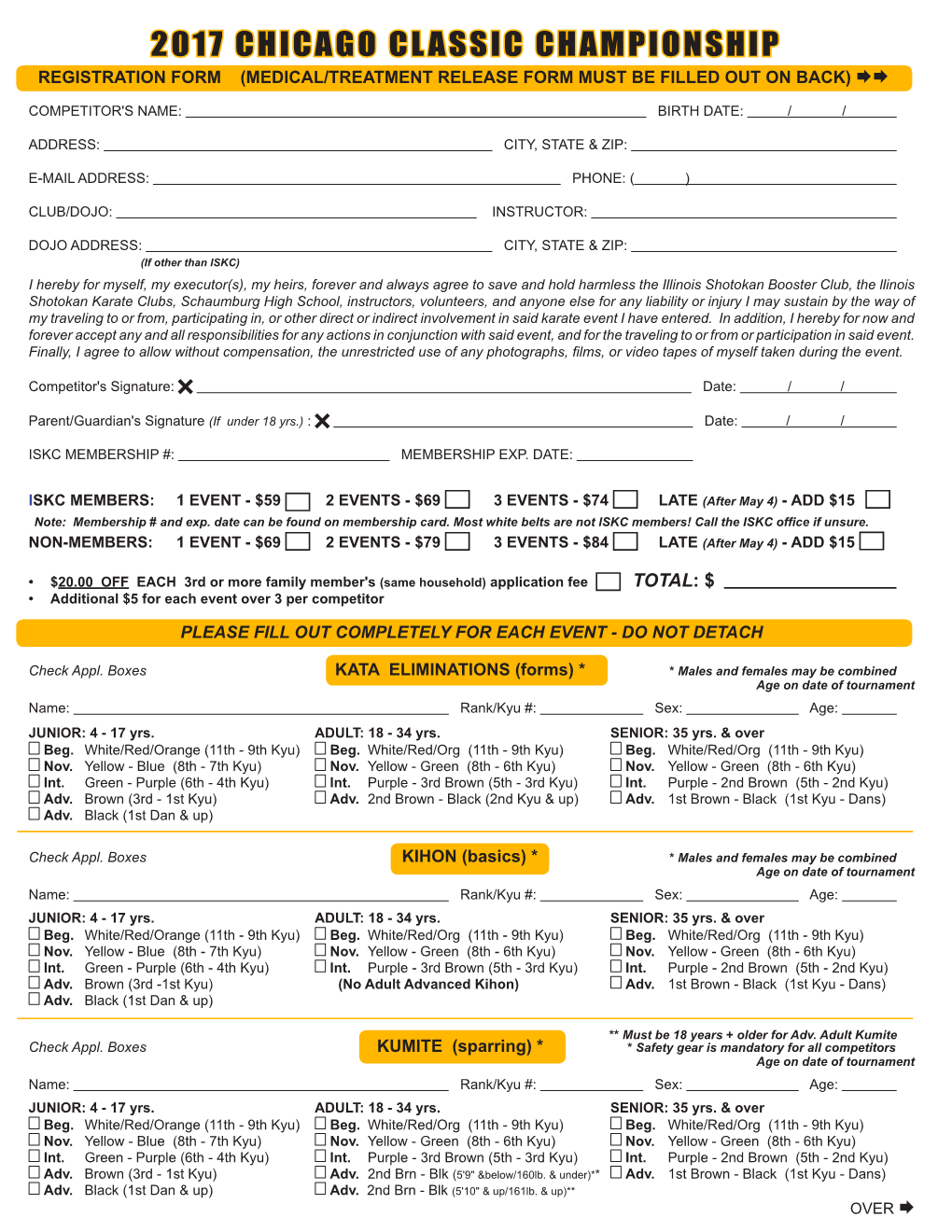 2017 Chicago Classic Championship Registration Form (Medical/Treatment Release Form Must Be Filled out on Back) 
