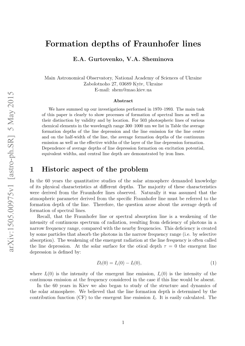 Formation Depths of Fraunhofer Lines