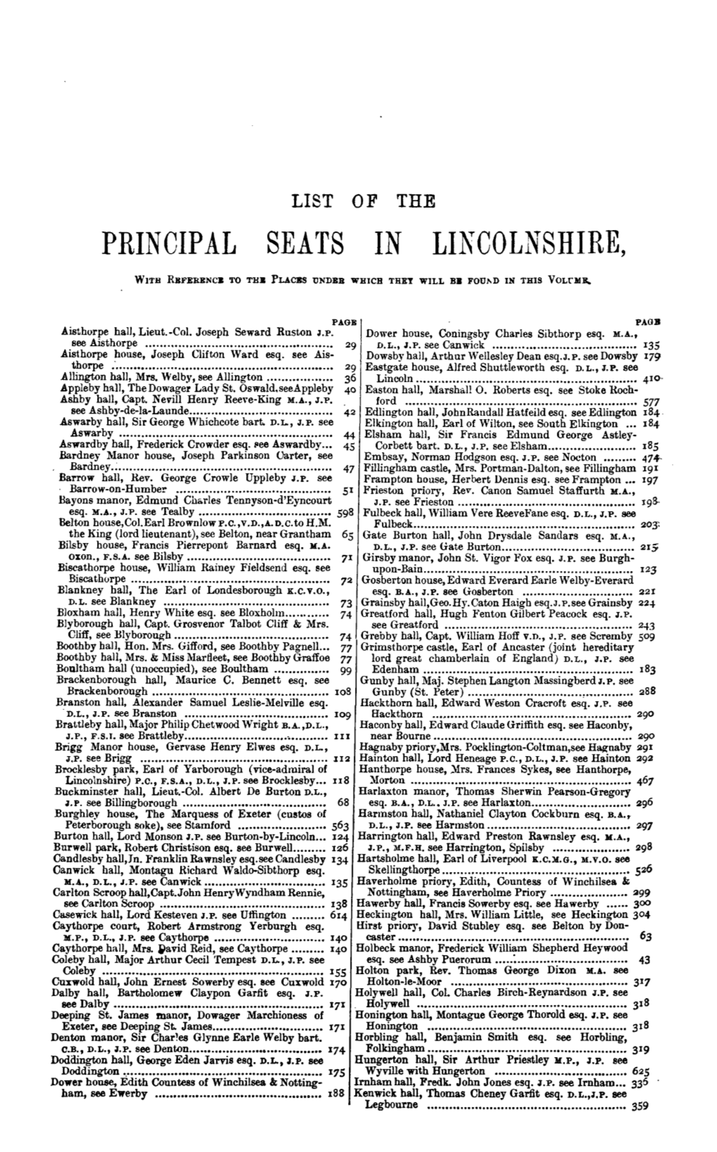 List of the Principal Seats in Lincolnshire