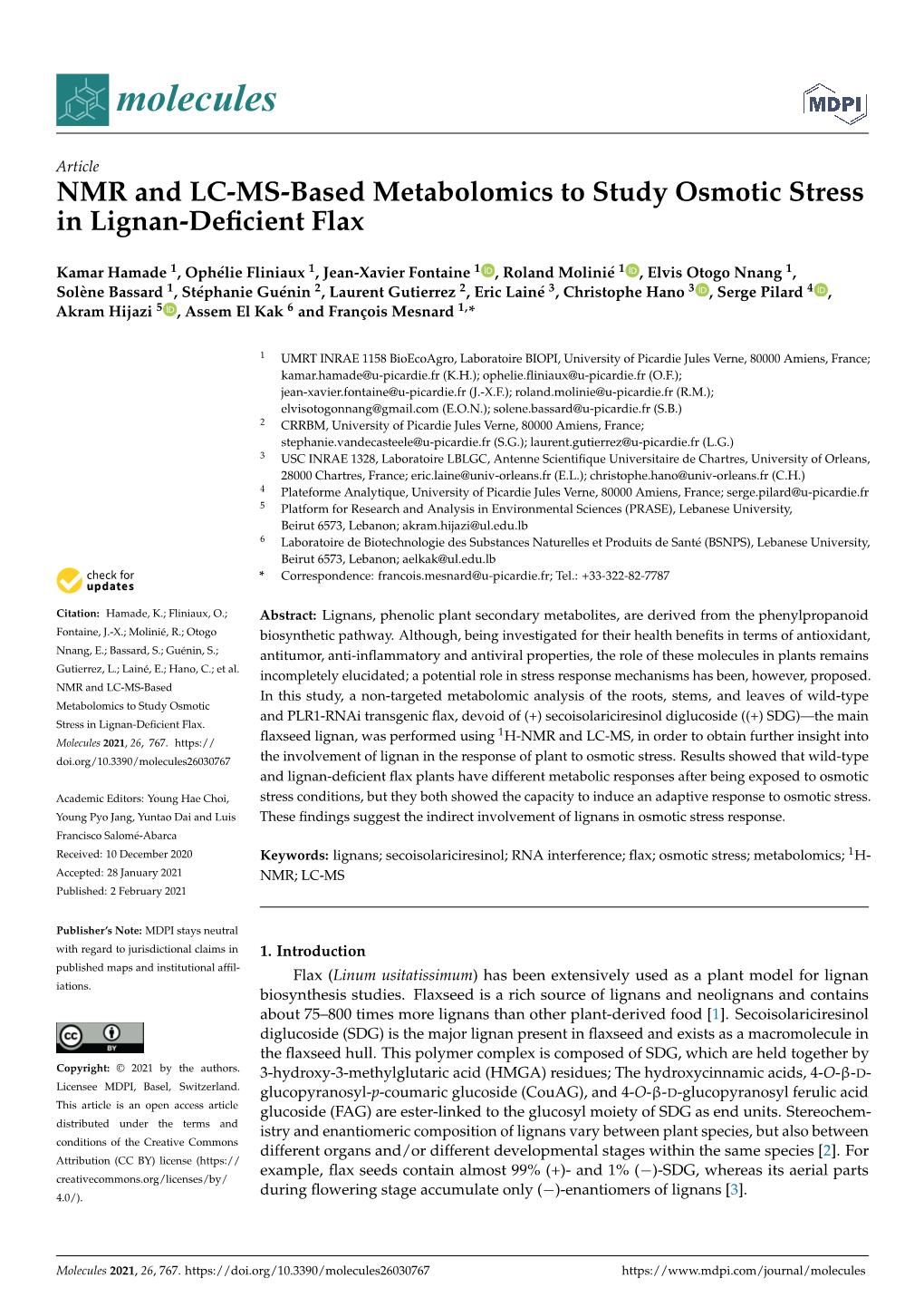 NMR and LC-MS-Based Metabolomics to Study Osmotic Stress in Lignan-Deﬁcient Flax