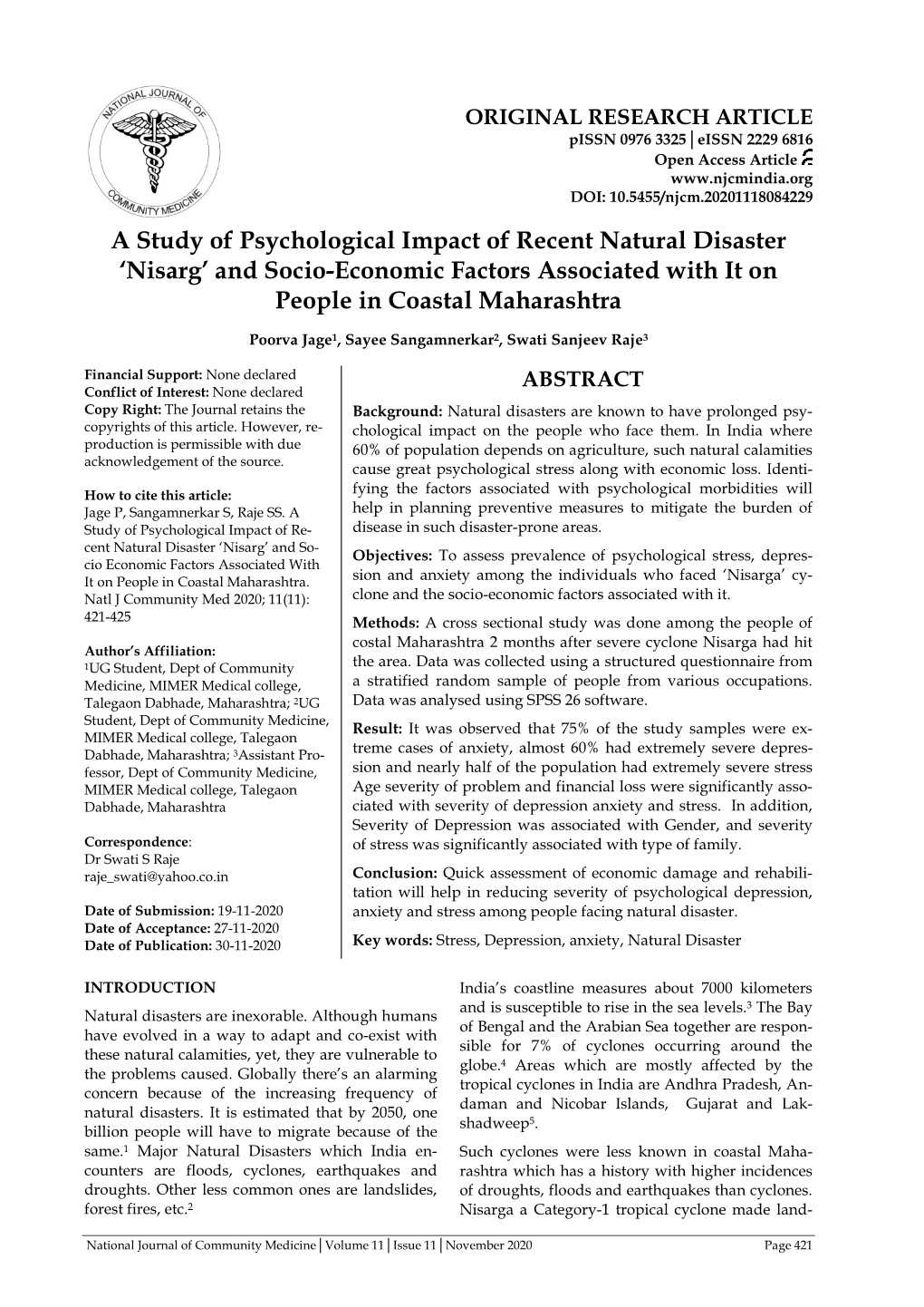 A Study of Psychological Impact of Recent Natural Disaster 'Nisarg'