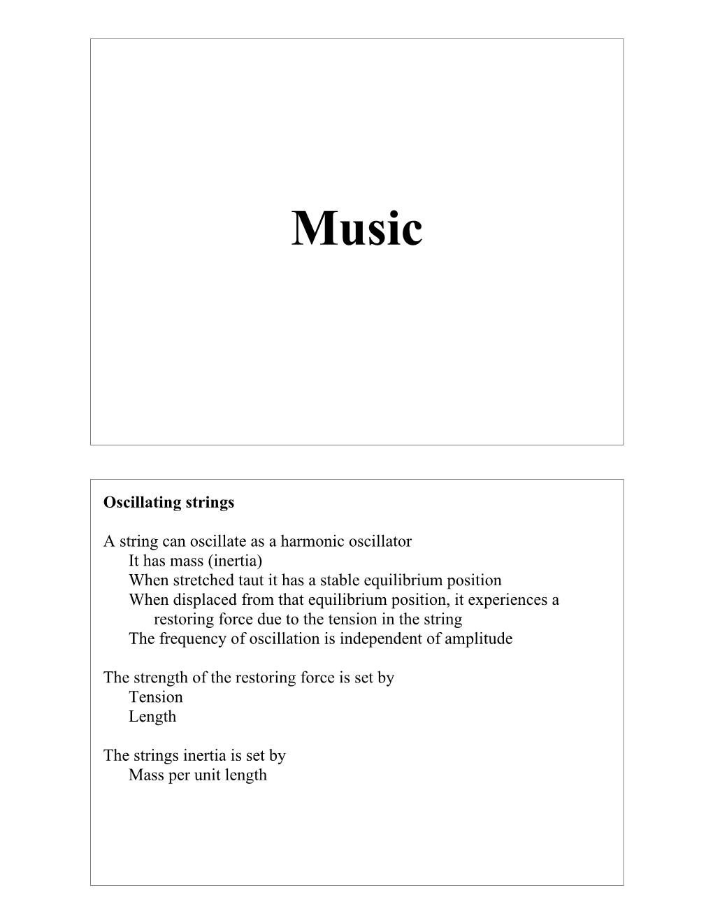 Oscillating Strings a String Can Oscillate As a Harmonic Oscillator It Has Mass (Inertia) When Stretched Taut It Has a Stable Eq