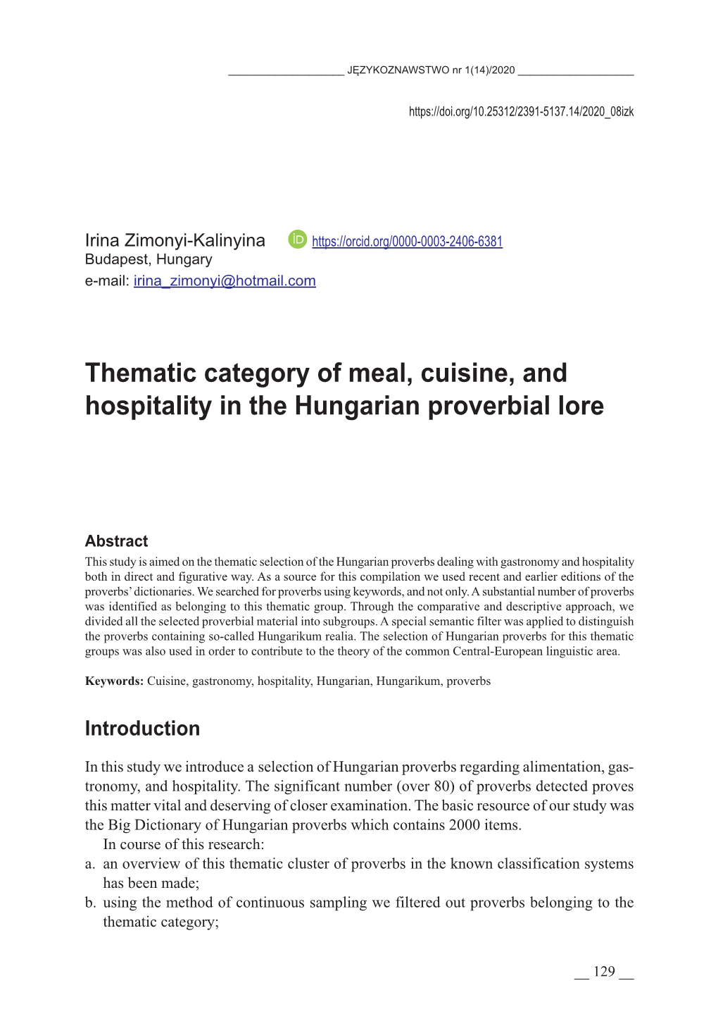 Thematic Category of Meal, Cuisine, and Hospitality in the Hungarian Proverbial Lore