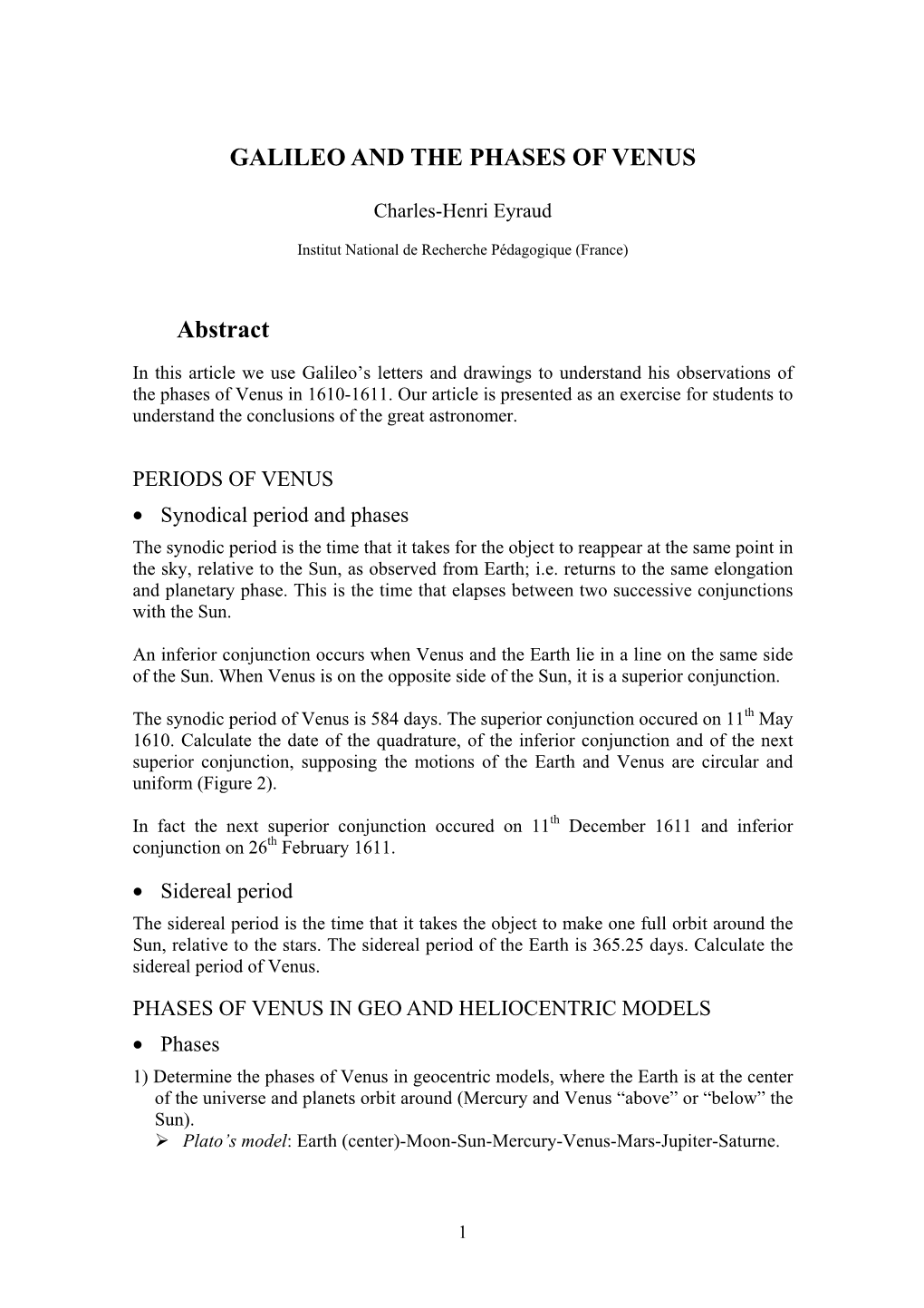 GALILEO and the PHASES of VENUS Abstract