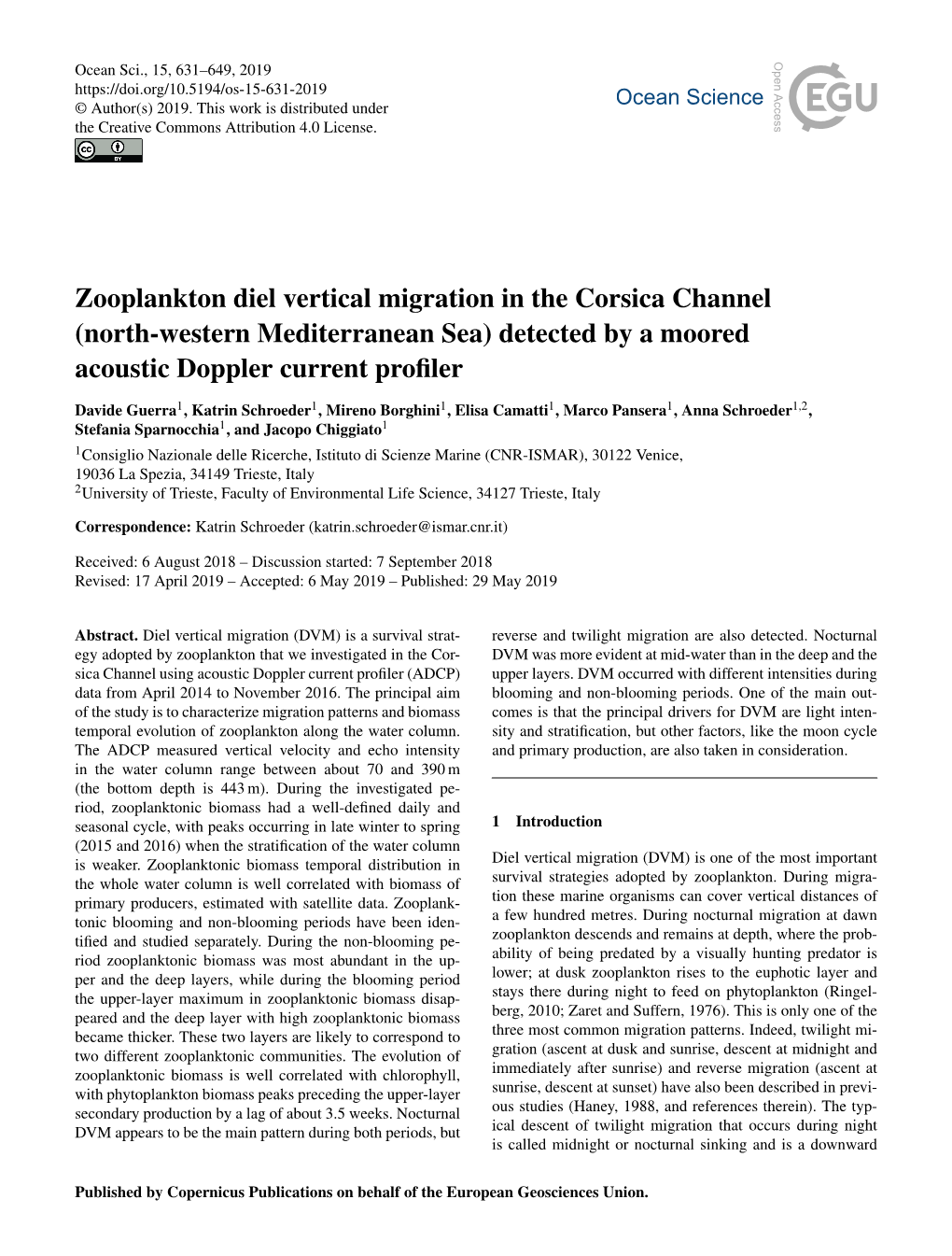 Zooplankton Diel Vertical Migration in the Corsica Channel (North-Western Mediterranean Sea) Detected by a Moored Acoustic Doppler Current Proﬁler