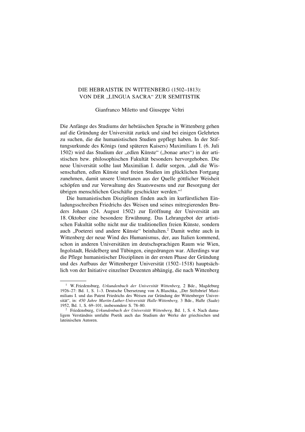 Die Hebraistik in Wittenberg (1502–1813). Von Der „Lingua Sacra“