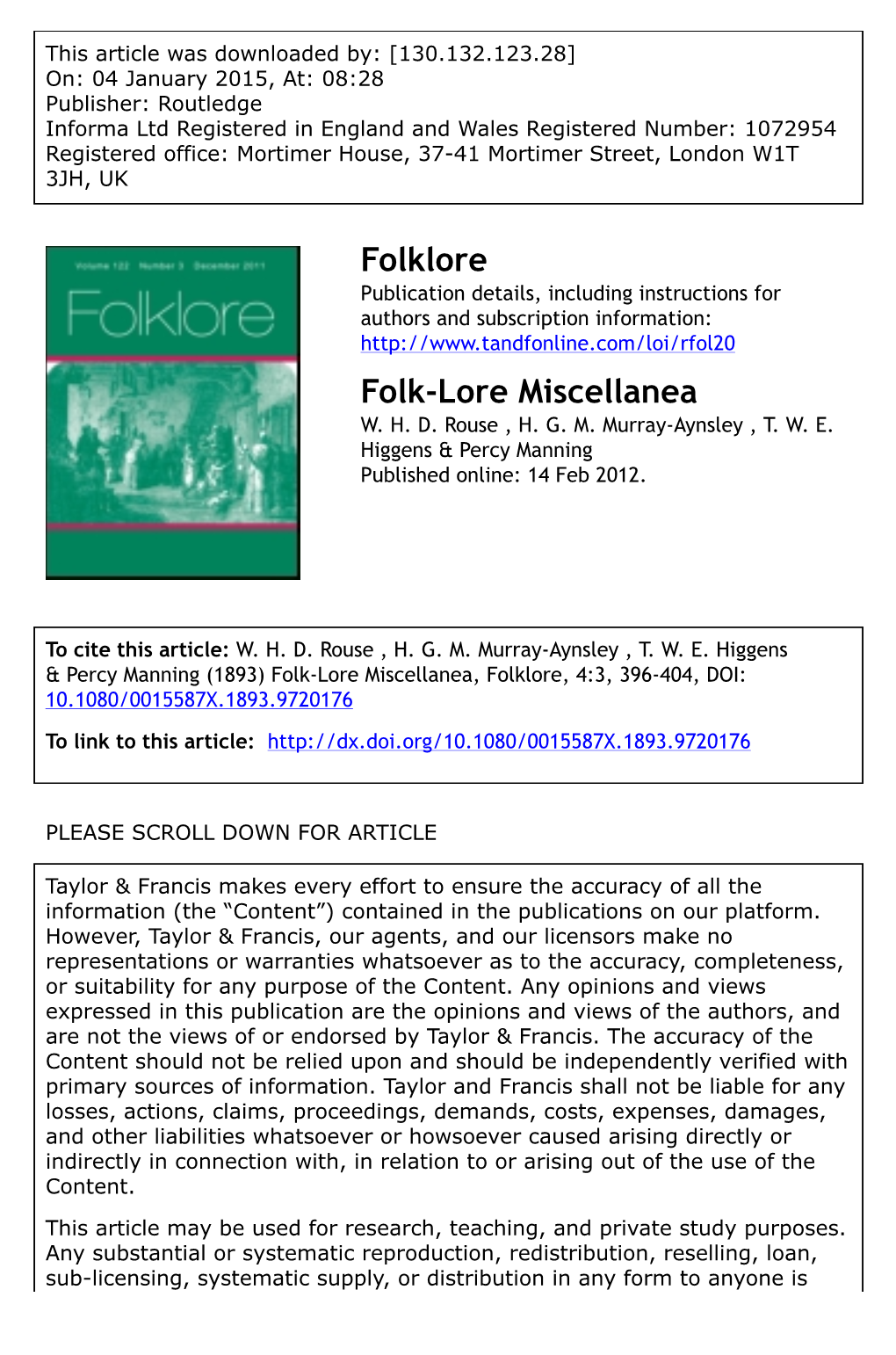 Folklore Folk-Lore Miscellanea