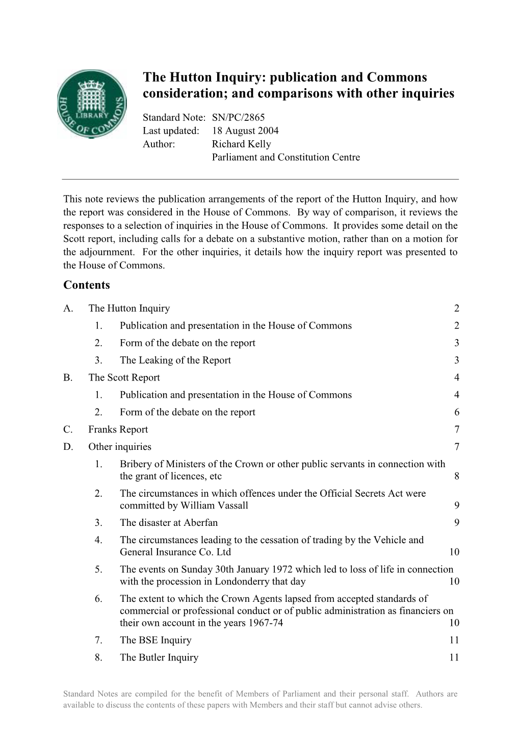 The Hutton Inquiry: Publication and Commons Consideration; and Comparisons with Other Inquiries