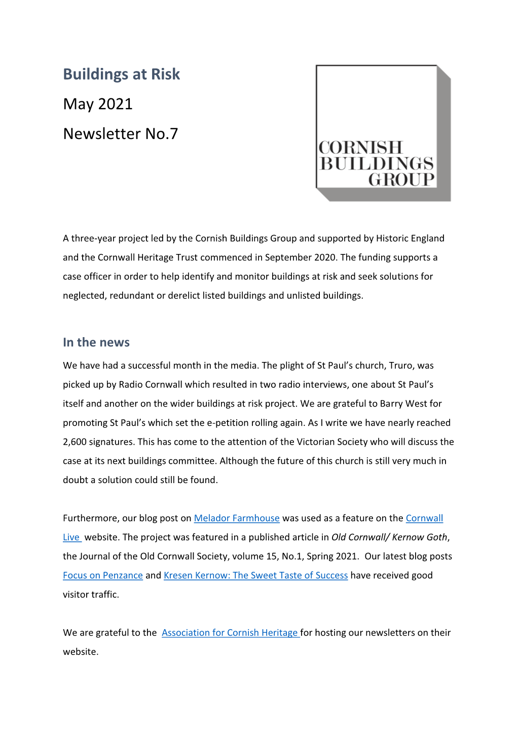 Buildings at Risk May 2021 Newsletter No.7