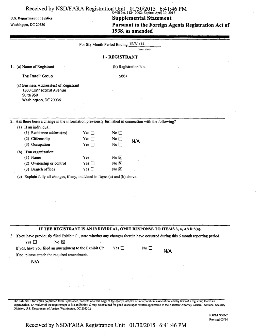 Received by NSD/FARA Registration Unit 01/30/2015 6:41:46 PM U.S