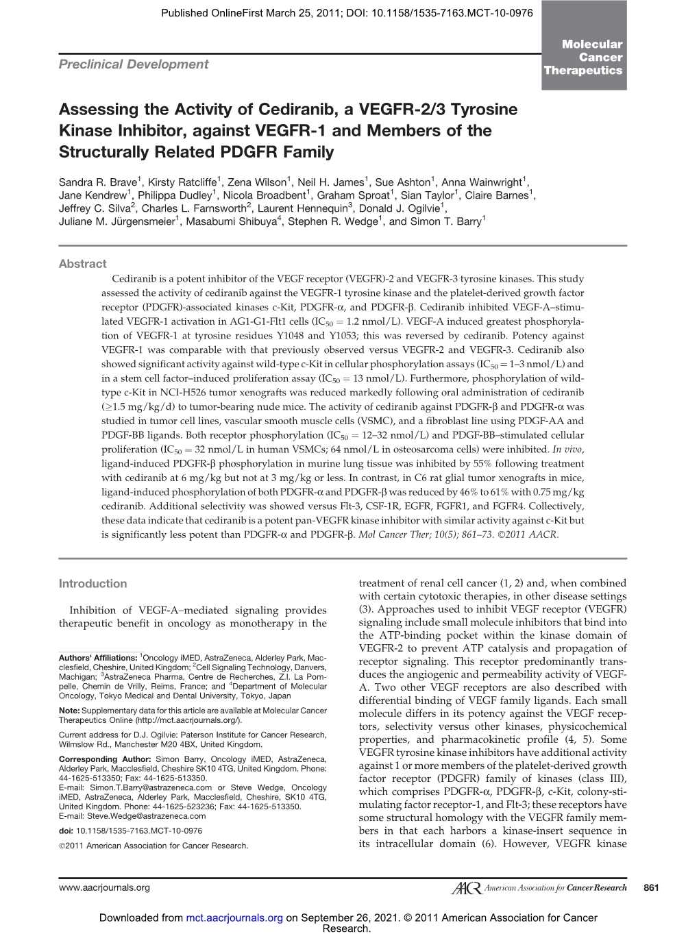 Assessing the Activity of Cediranib, a VEGFR-2/3 Tyrosine Kinase Inhibitor, Against VEGFR-1 and Members of the Structurally Related PDGFR Family