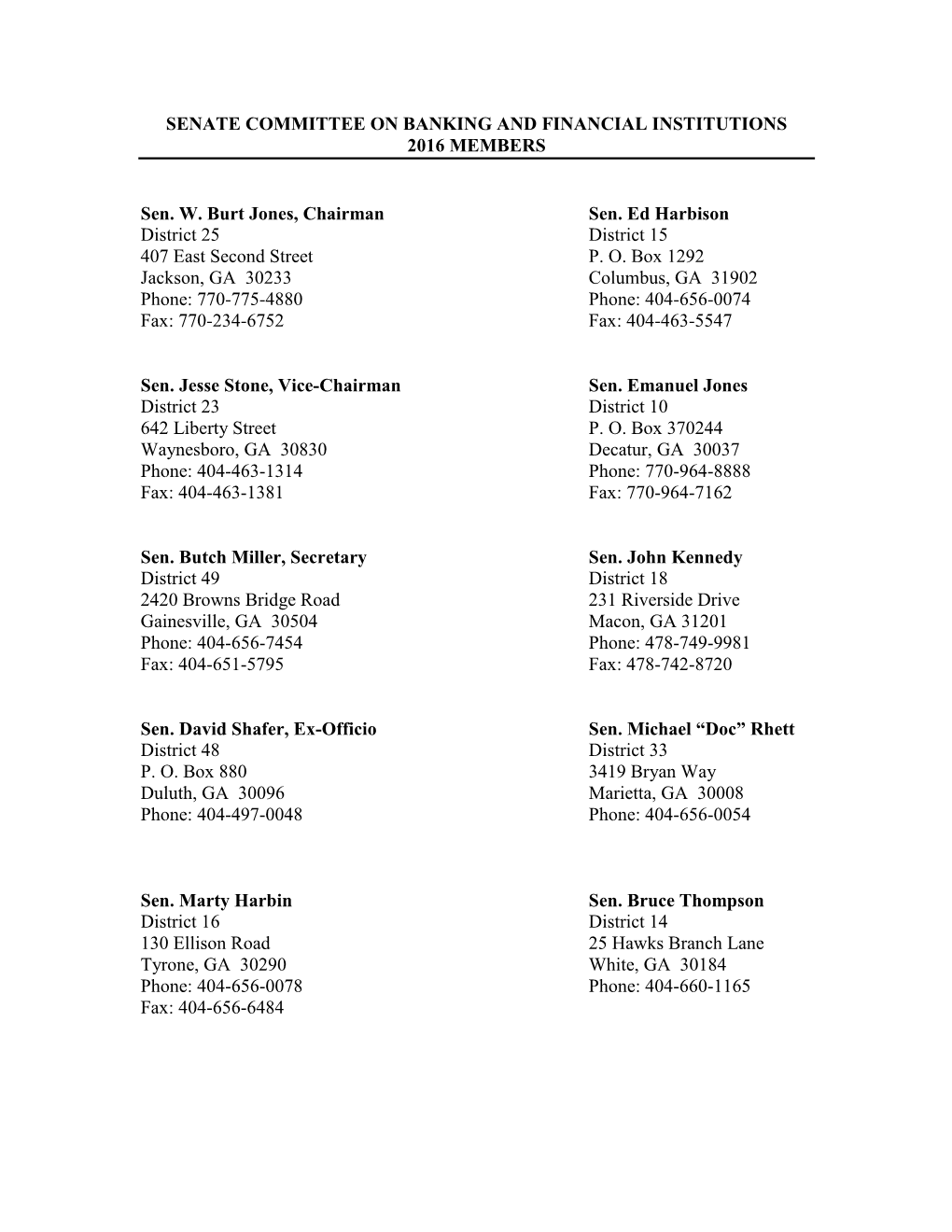 Senate Committee on Banking and Financial Institutions 2016 Members