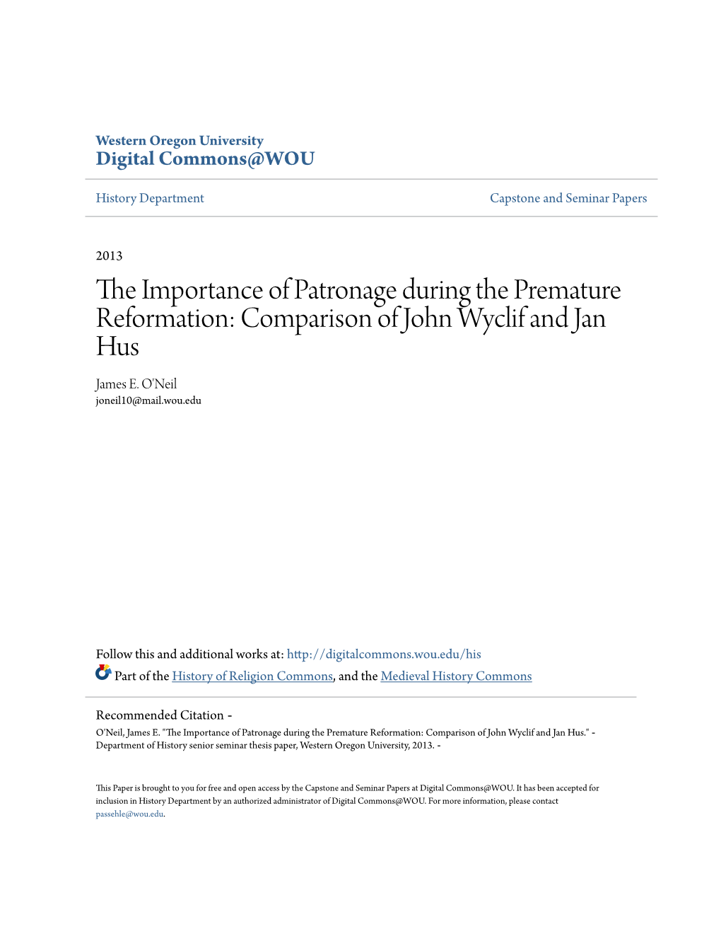 Comparison of John Wyclif and Jan Hus James E