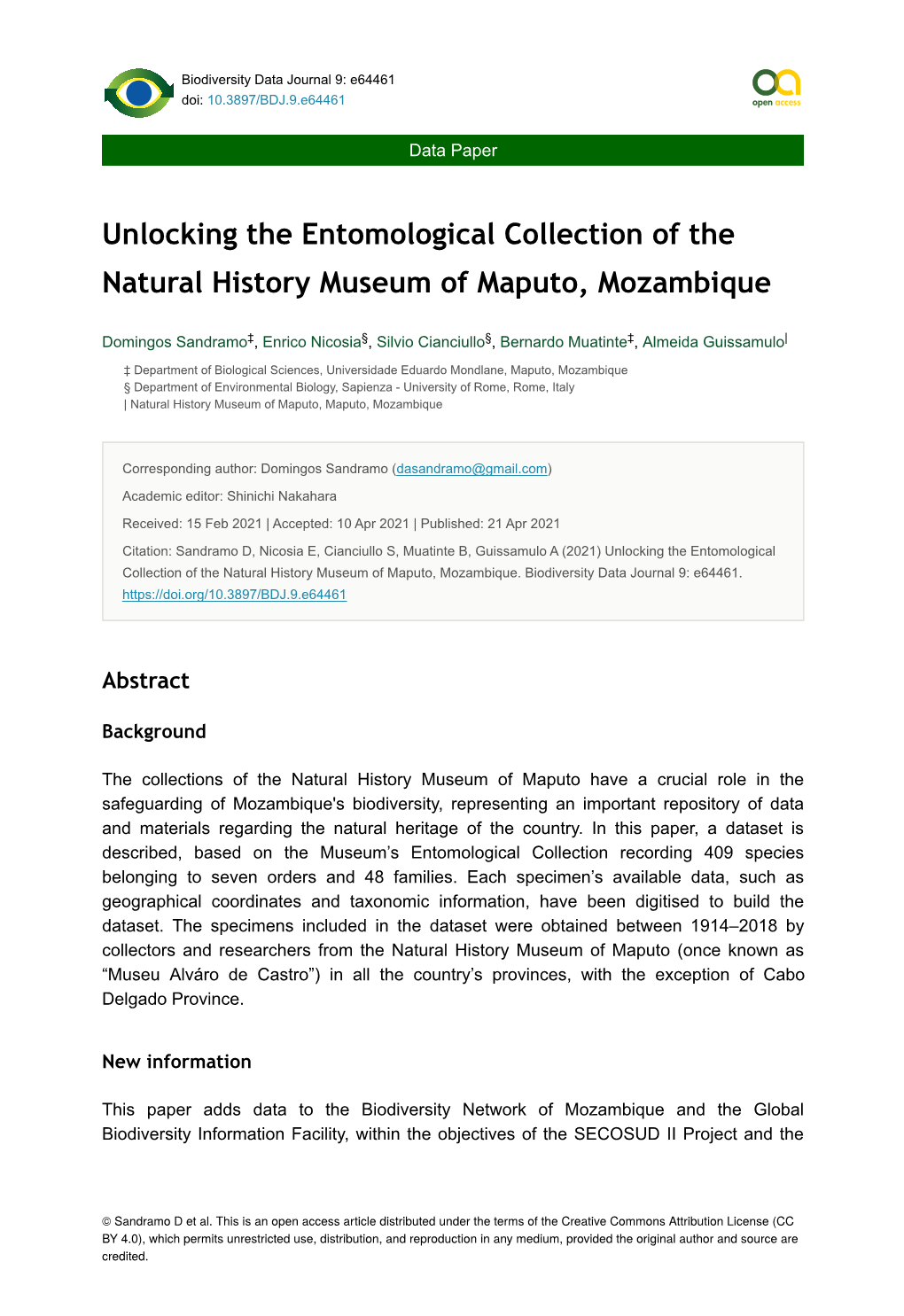 Unlocking the Entomological Collection of the Natural History Museum of Maputo, Mozambique