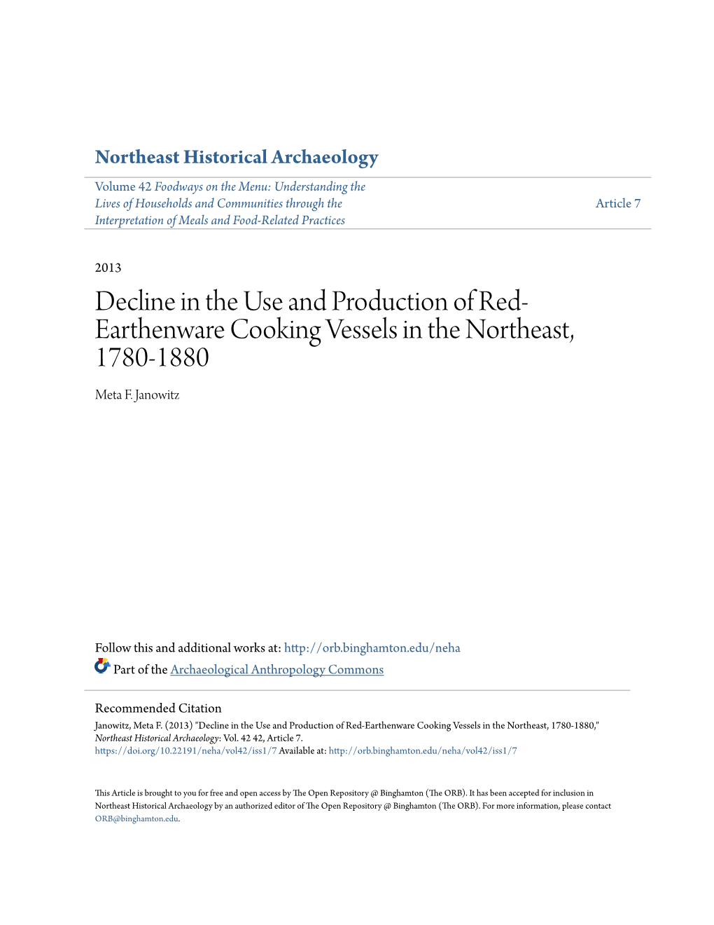 Decline in the Use and Production of Red-Earthenware Cooking Vessels in the Northeast, 1780-1880,