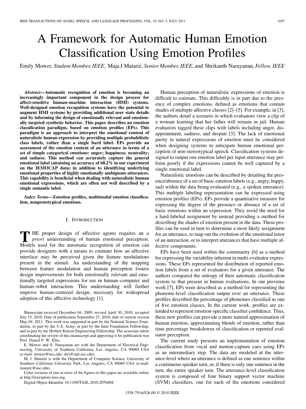 A Framework for Automatic Human Emotion Classification Using