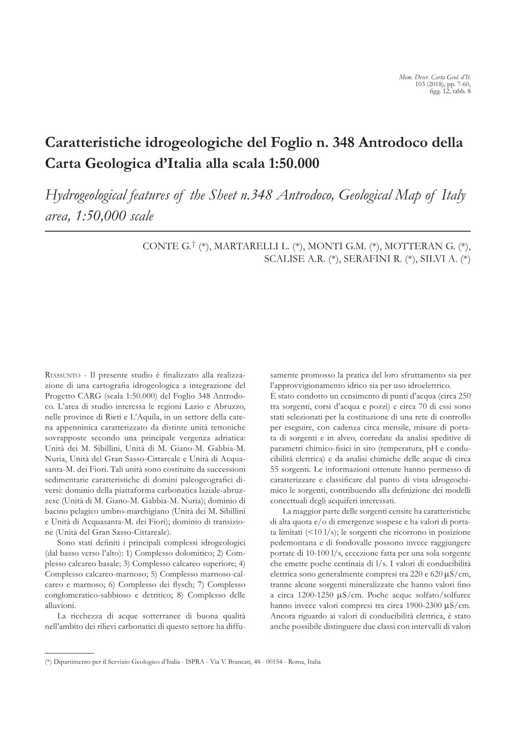 Caratteristiche Idrogeologiche Del Foglio N. 348 Antrodoco Della Carta