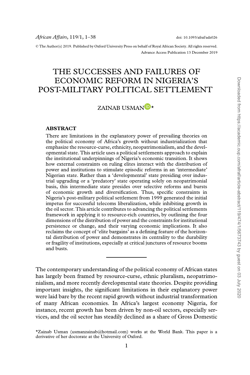 The Successes and Failures of Economic Reform in Nigeria's Post-Military Political Settlement