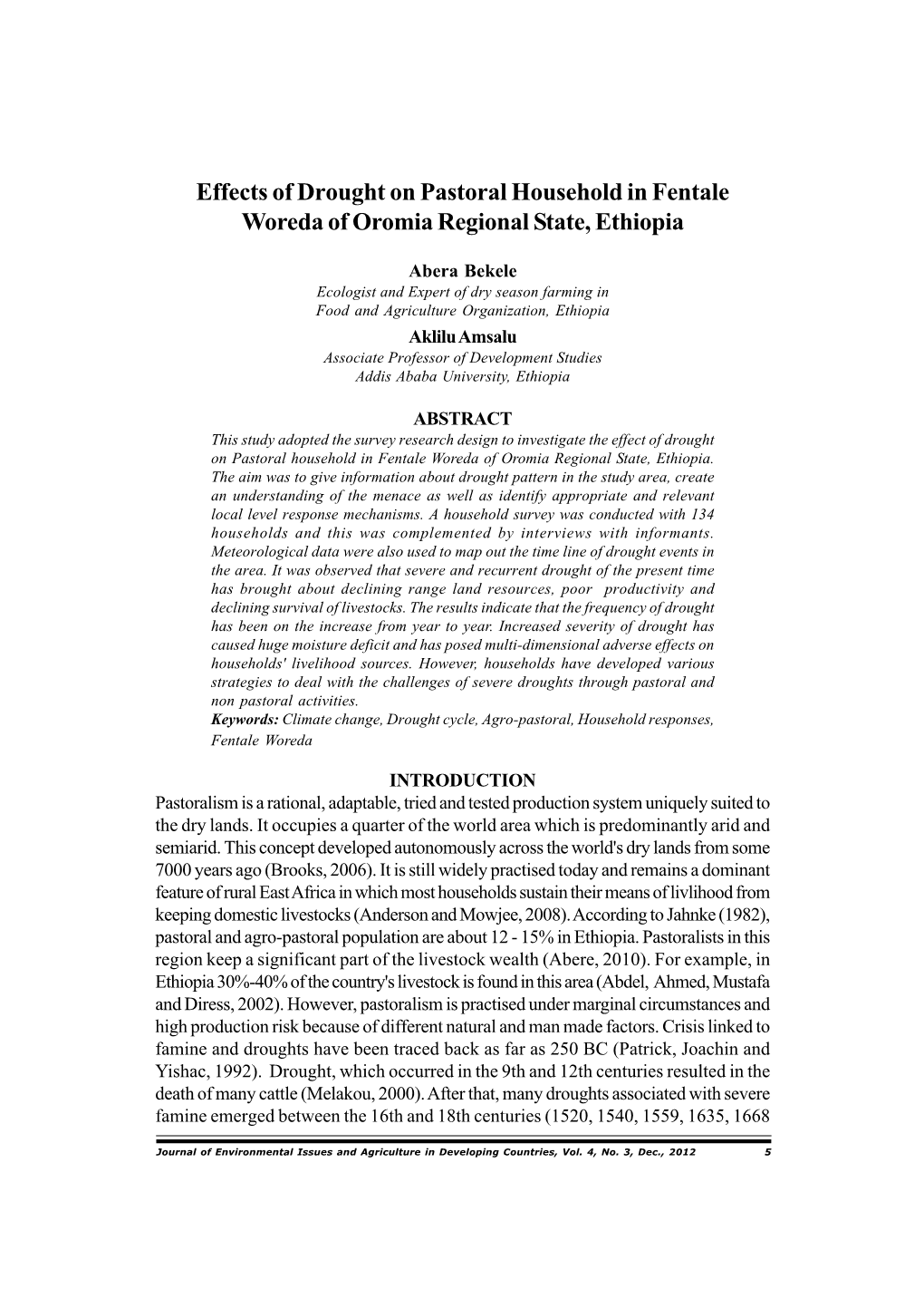 Effects of Drought on Pastoral Household in Fentale Woreda of Oromia Regional State, Ethiopia