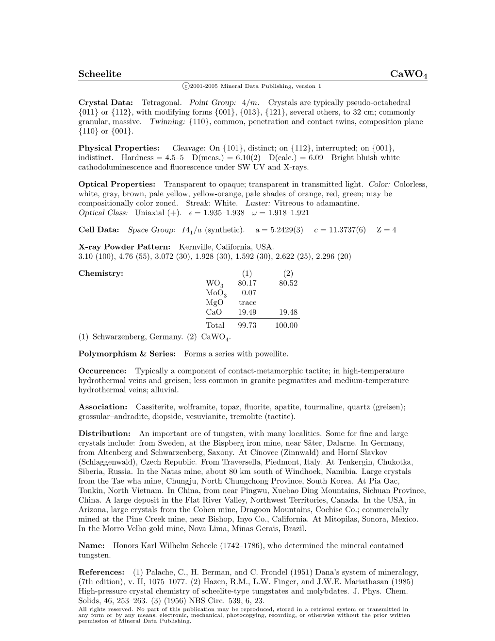 Scheelite Cawo4 C 2001-2005 Mineral Data Publishing, Version 1