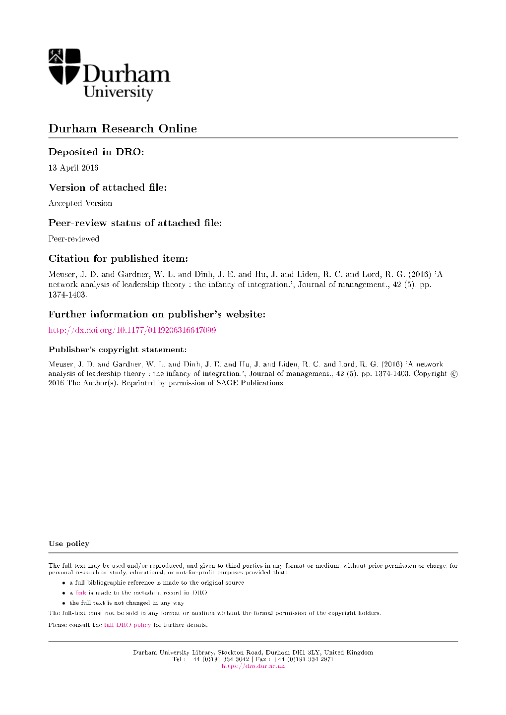 Running Head: a Network Analysis of Leadership Theory a NETWORK