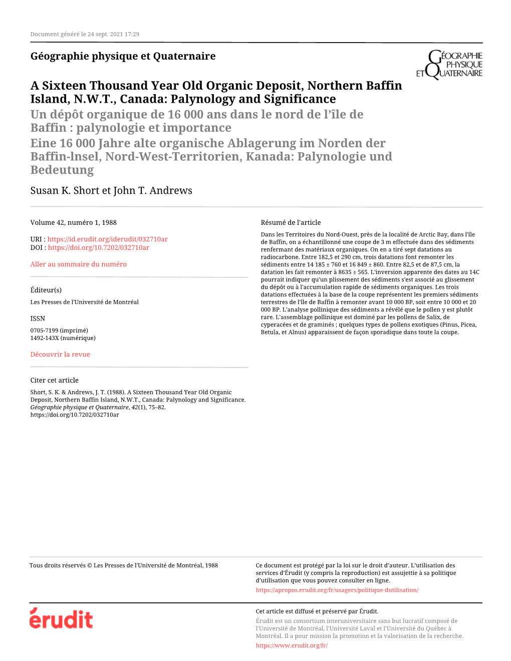 A Sixteen Thousand Year Old Organic Deposit, Northern Baffin Island, NWT, Canada