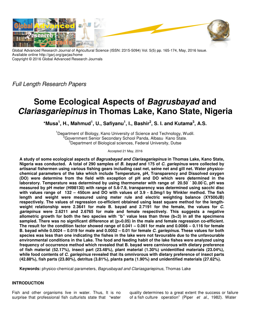 Some Ecological Aspects of Bagrusbayad and Clariasgariepinus in Thomas Lake, Kano State, Nigeria