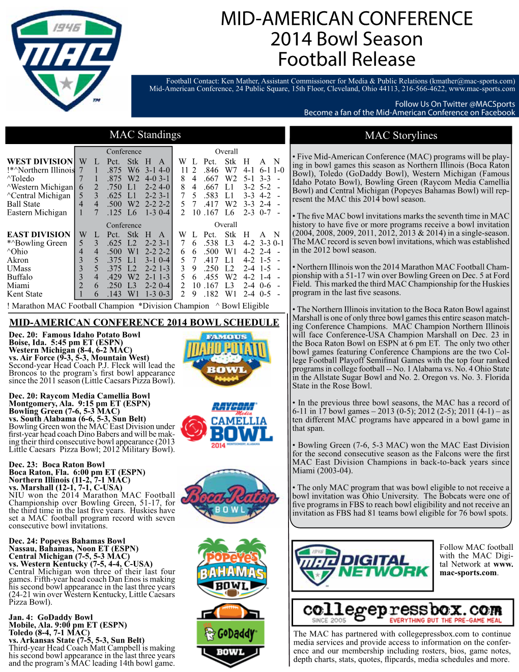 MID-AMERICAN CONFERENCE 2014 Bowl