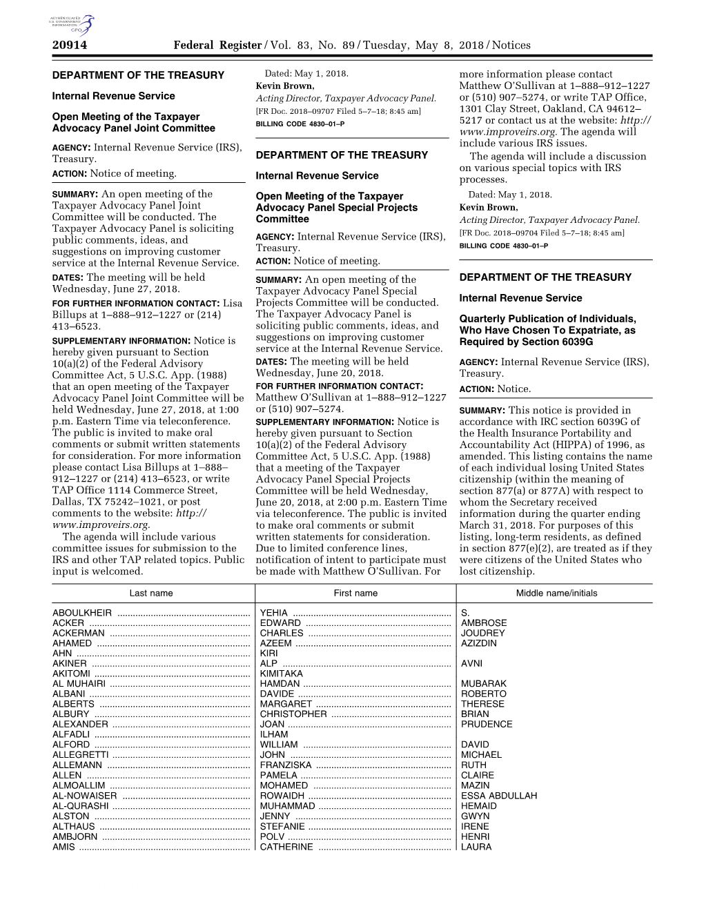 Federal Register/Vol. 83, No. 89/Tuesday, May 8, 2018/Notices