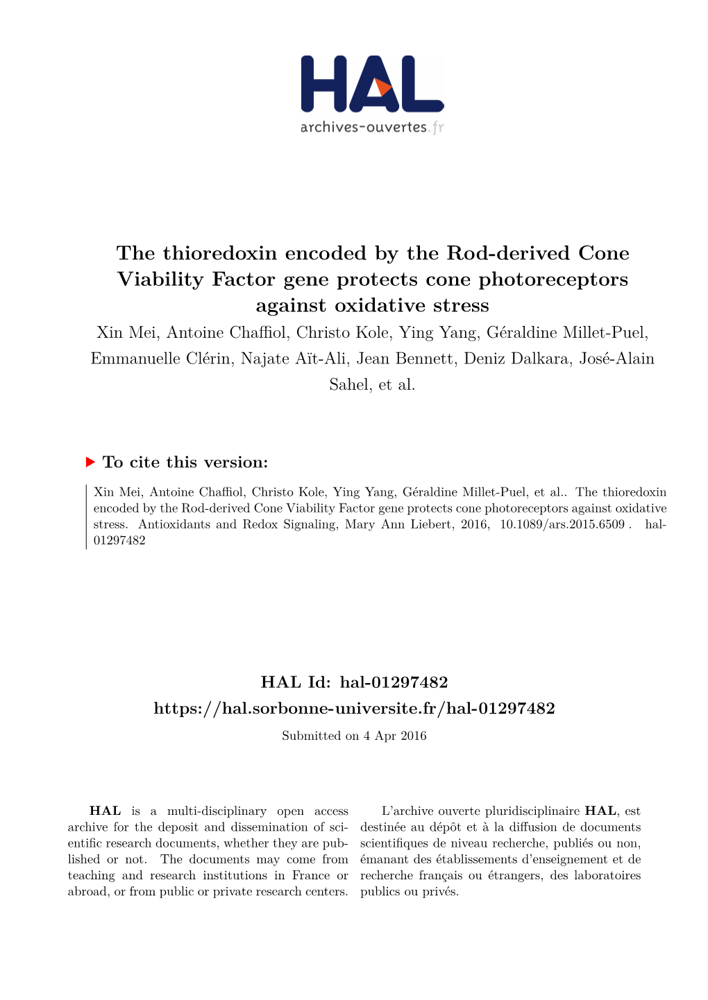 The Thioredoxin Encoded by the Rod-Derived Cone Viability Factor