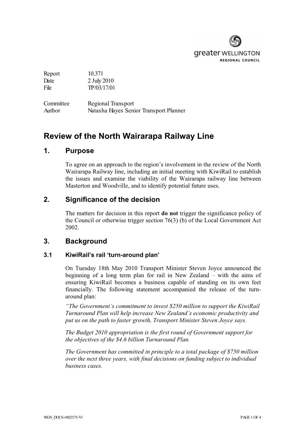 Review of the North Wairarapa Railway Line 1