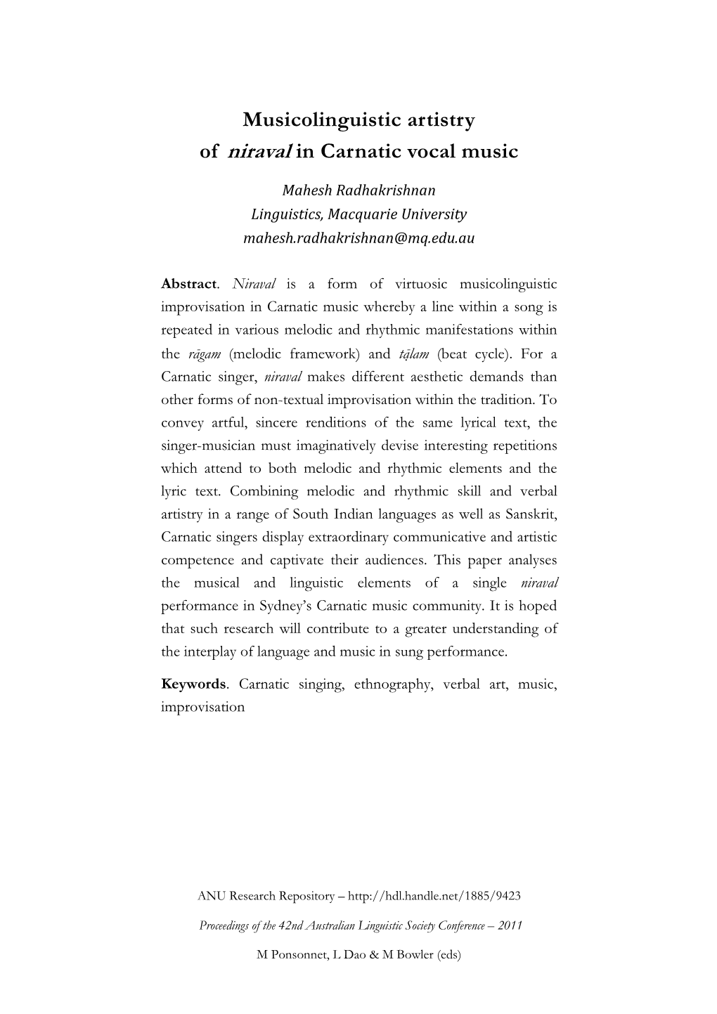 Musicolinguistic Artistry of Niraval in Carnatic Vocal Music