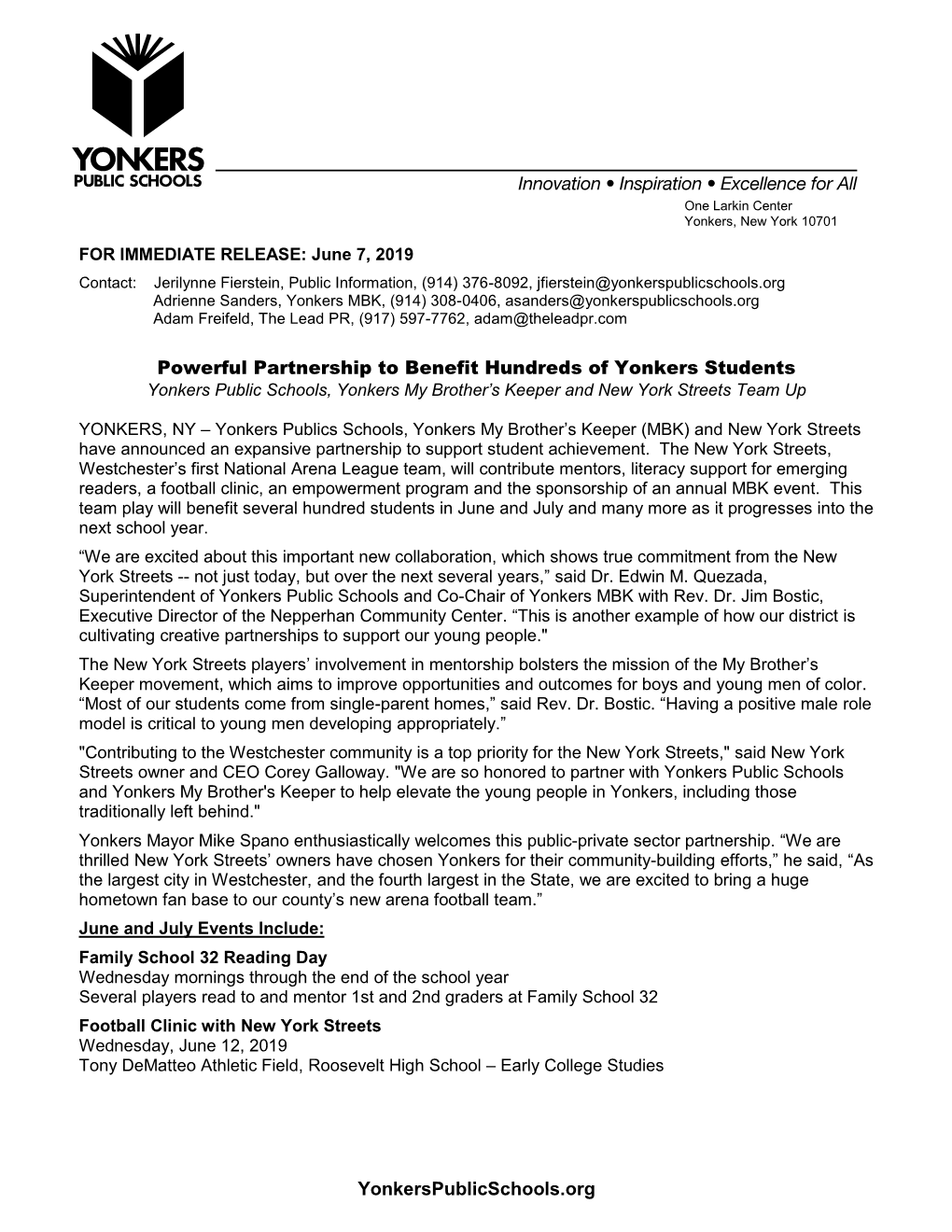 Powerful Partnership to Benefit Hundreds of Yonkers Students Yonkers Public Schools, Yonkers My Brother’S Keeper and New York Streets Team Up