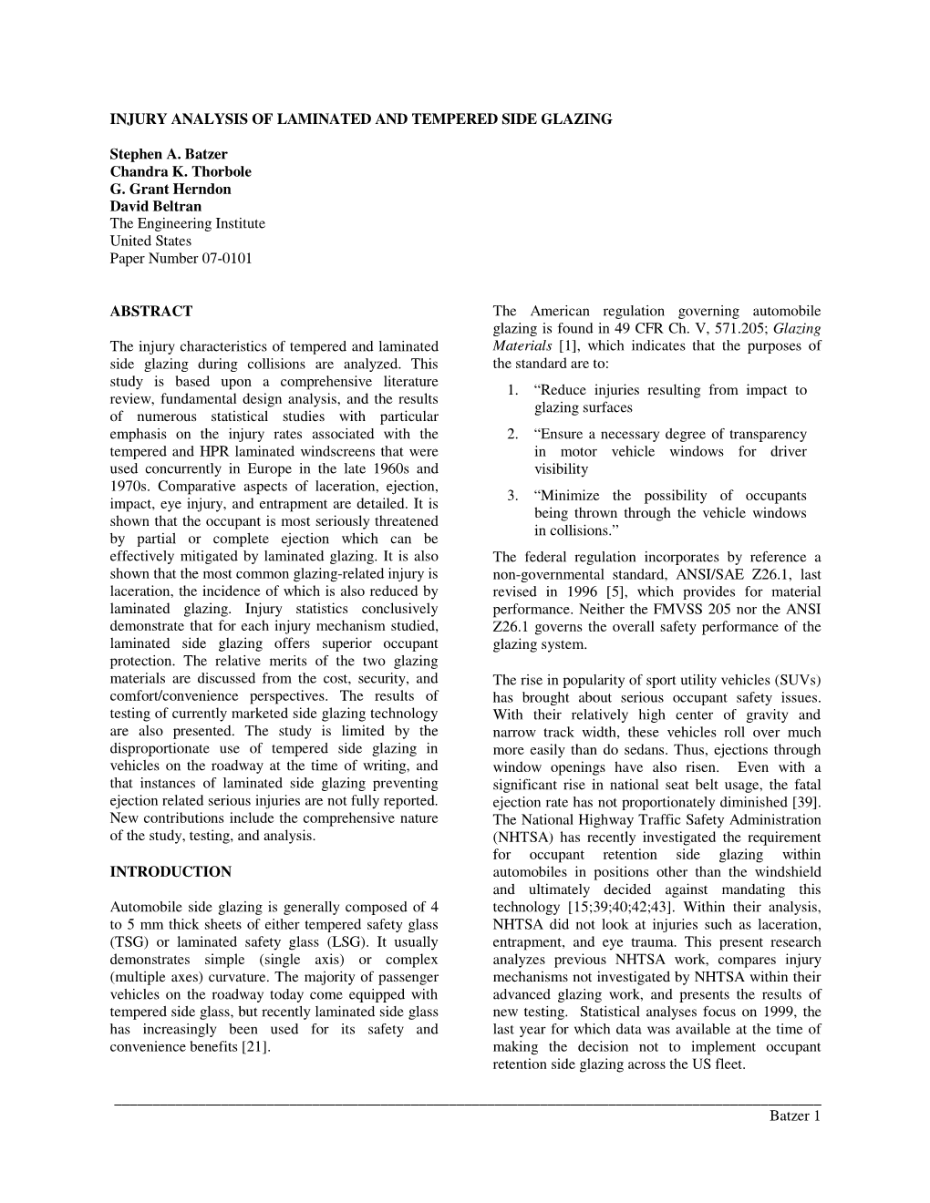 Injury Analysis of Laminated and Tempered Side Glazing