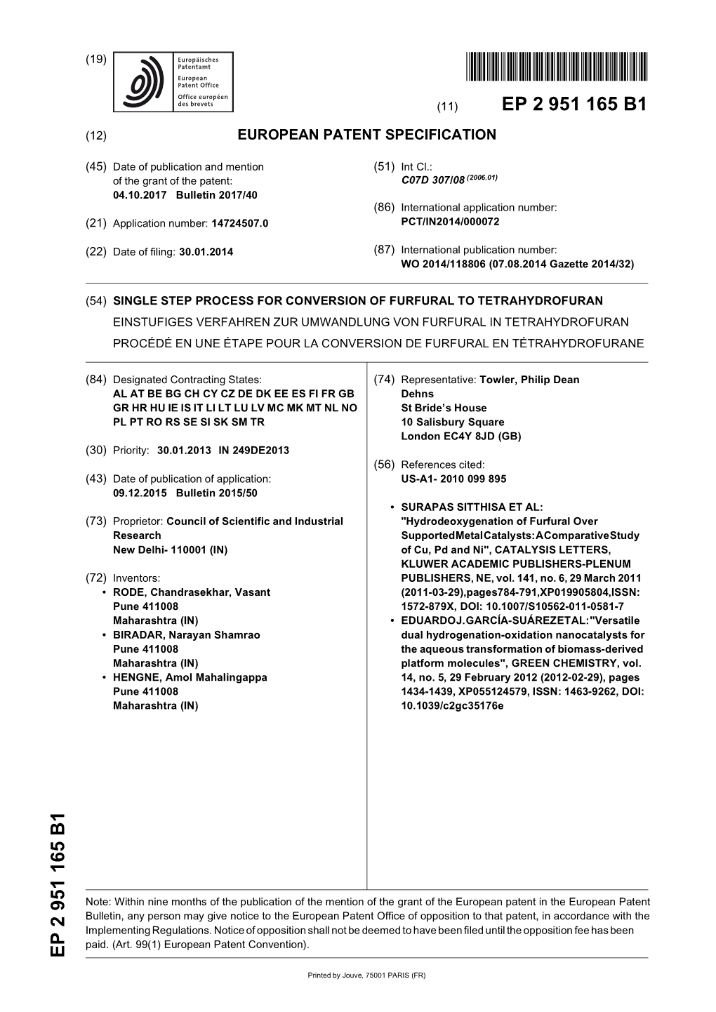 Single Step Process for Conversion of Furfural to Tetrahydrofuran