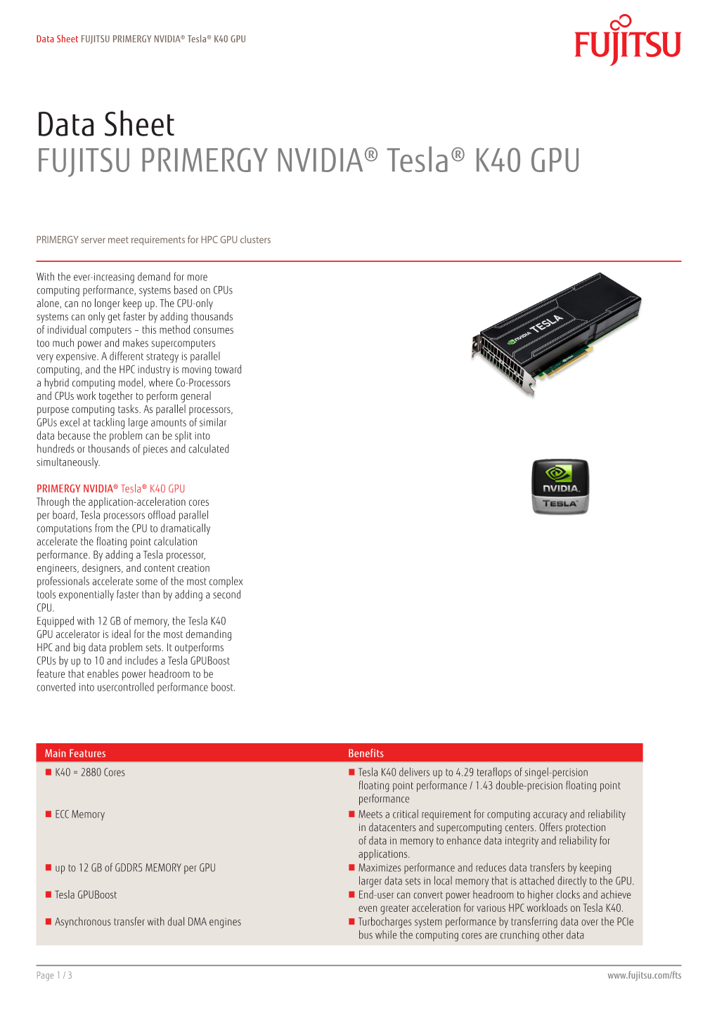 Data Sheet FUJITSU PRIMERGY NVIDIA® Tesla® K40 GPU