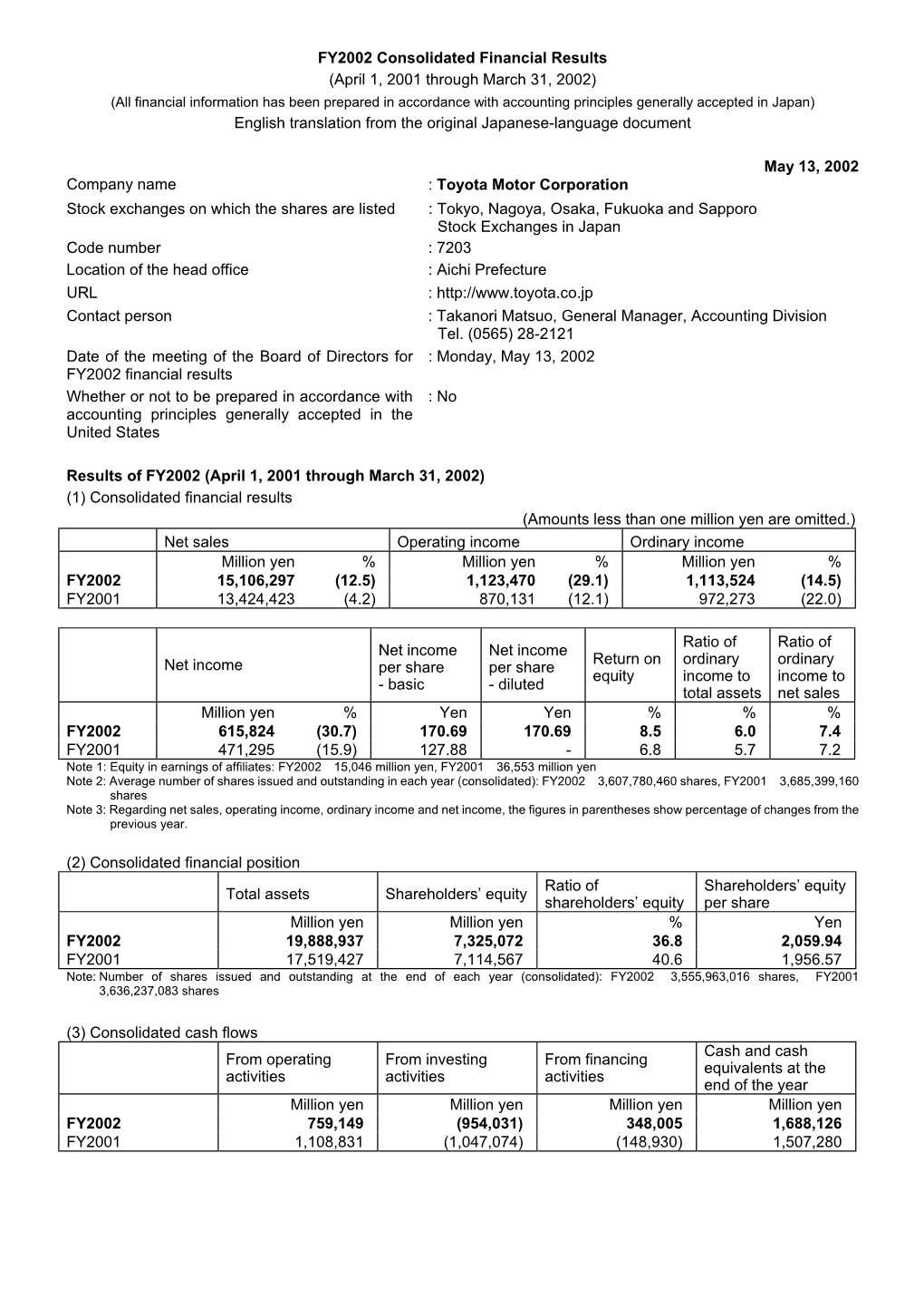 FY2002 Consolidated Financial Results (April 1, 2001 Through