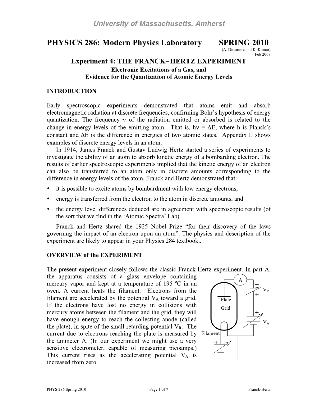 PHYSICS 286: Modern Physics Laboratory SPRING 2010 (A