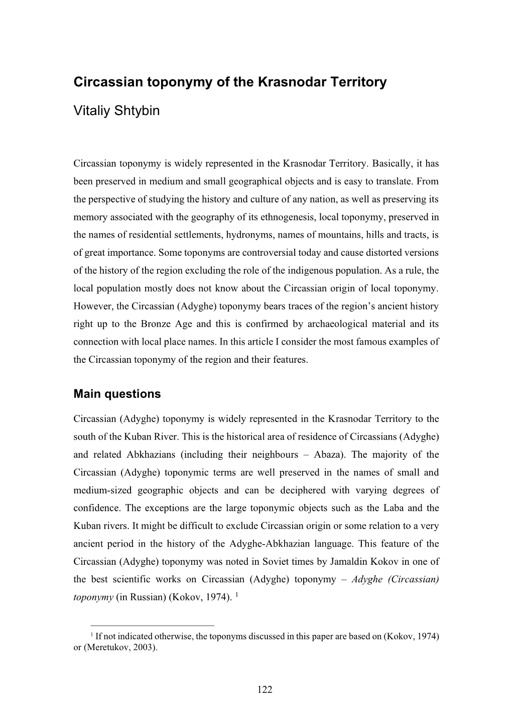 Circassian Toponymy of the Krasnodar Territory Vitaliy Shtybin