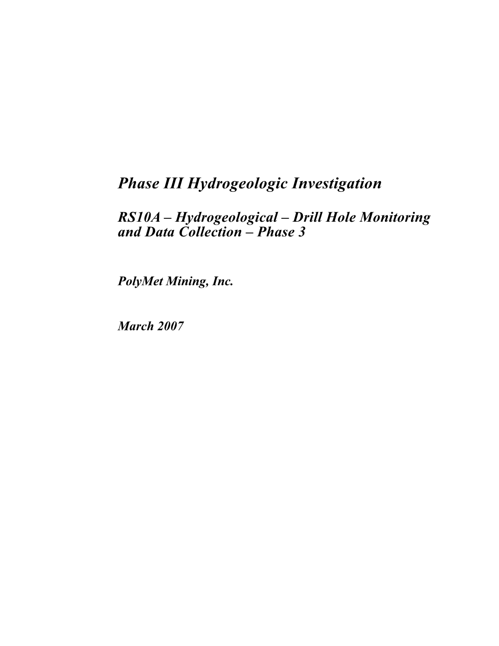 Phase III Hydrogeologic Investigation