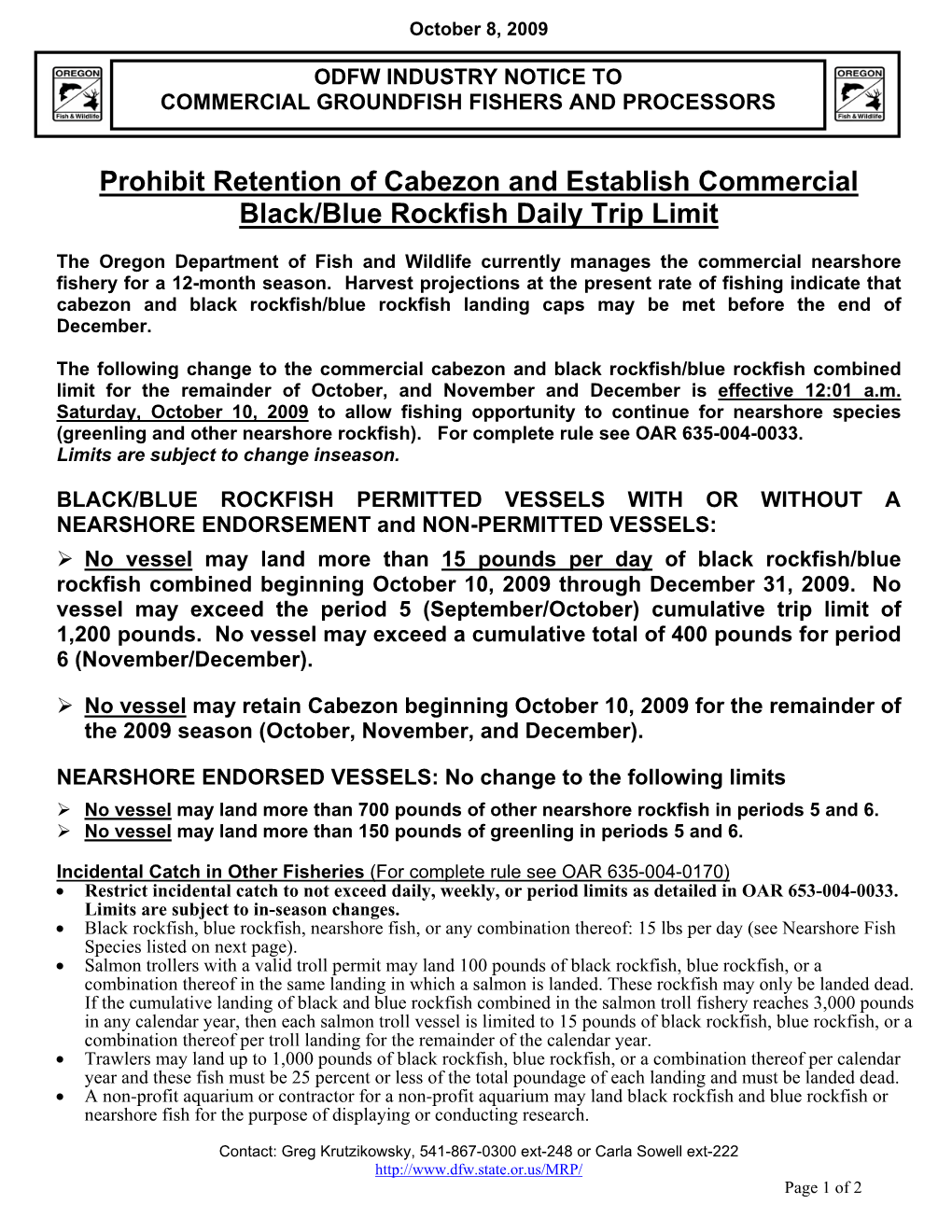 Prohibit Retention of Cabezon and Establish Commercial Black/Blue Rockfish Daily Trip Limit