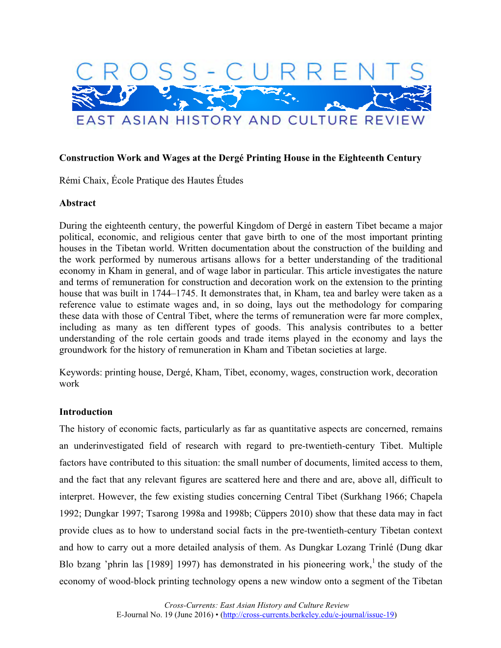 Construction Work and Wages at the Dergé Printing House in the Eighteenth Century Rémi Chaix, École Pratique Des Hautes Étud