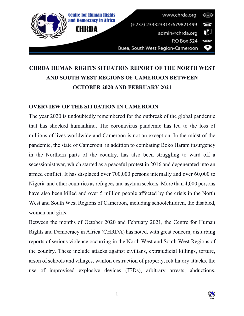 Chrda Human Rights Situation Report of the North West and South West Regions of Cameroon Between October 2020 and February 2021