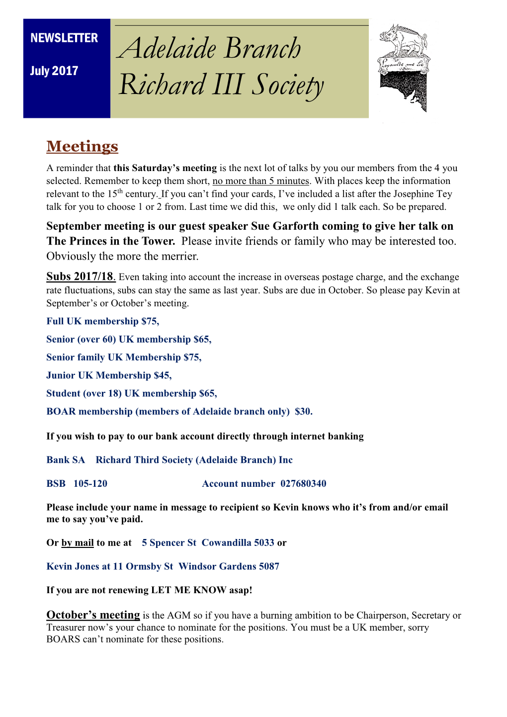 NEWSLETTER Adelaide Branch Richard III Society