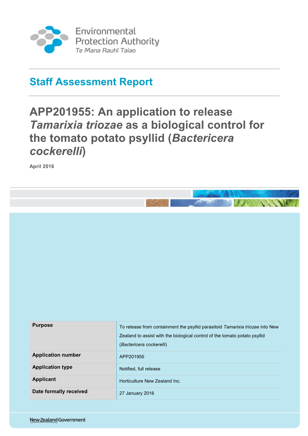 APP201955: an Application to Release Tamarixia Triozae As a Biological Control for the Tomato Potato Psyllid (Bactericera Cockerelli)